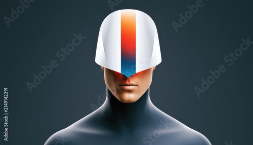 Minimalist high-contrast portrait of a humanoid with a futuristic helmet and colorful visor