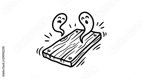 Two cartoon ghosts rising from a wooden board.