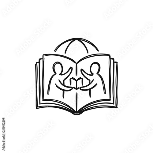 Two people reading a book inside a globe outline icon.