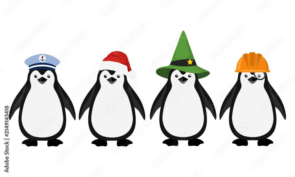 Fototapeta premium Four cartoon penguins wearing colorful party hats, isolated