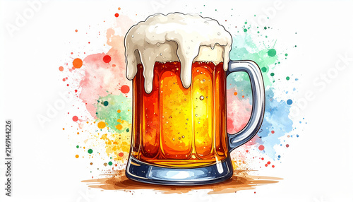 Refreshing beer mug filled with cold foamy alcohol, vibrant colors splash in background, perfect for fun celebration