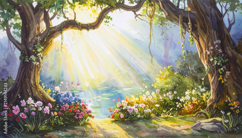 Serene garden scene with vibrant flowers and soft sunlight filtering through trees, creating magical atmosphere
