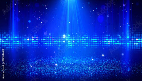 Energetic blue disco light background creates vibrant atmosphere for futuristic party, featuring glowing elements and sparkling effects