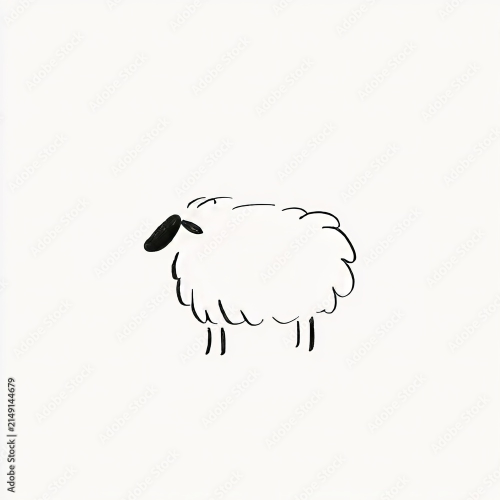 Obraz premium Minimalist Black Outline Drawing of a Fluffy Cartoon Sheep Isolated on a Plain White Background