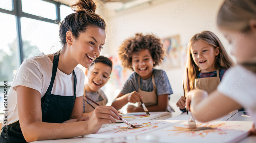 Obraz premium Art teacher guiding diverse children, expressing creativity and learning painting in a bright classroom