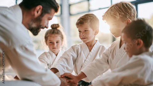 Martial arts instructor and children forming a huddle, expressing teamwork, unity, and discipline in dojo class