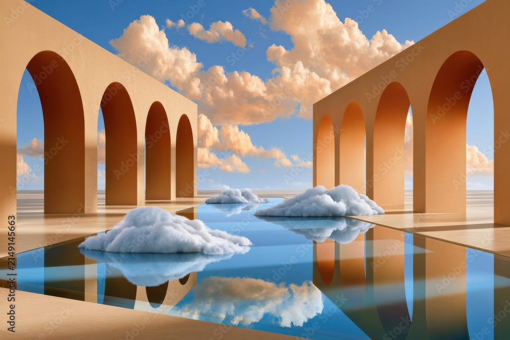 Naklejka premium Surreal architectural arches and floating clouds reflected in a tranquil mirrored pool at sunset