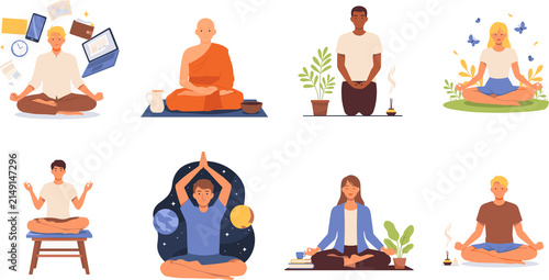Obraz na plátně Cartoon vector illustrations of people practicing mindfulness yoga and meditatio