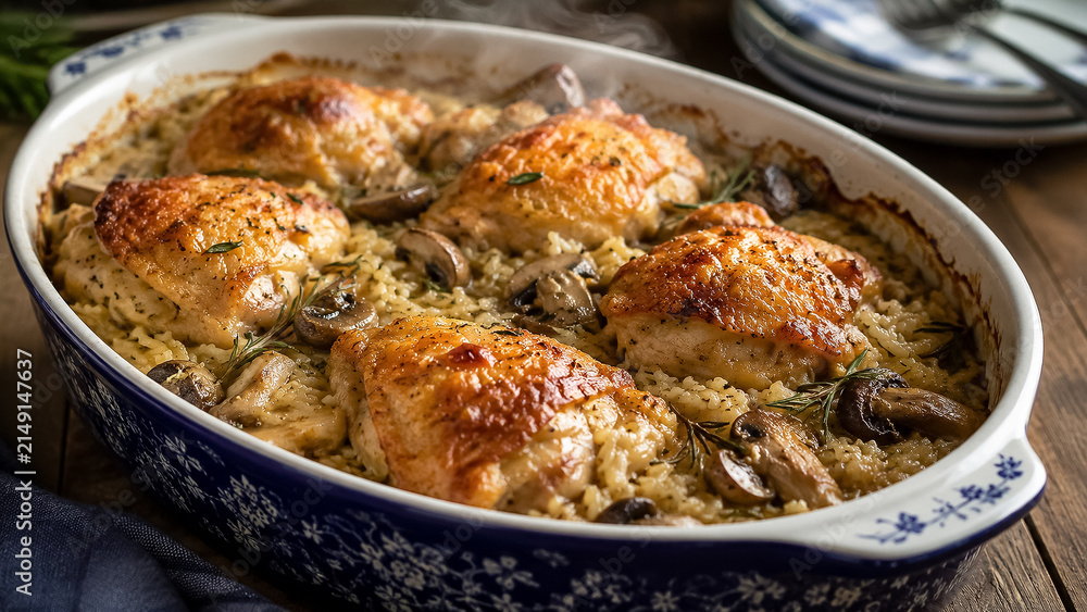 Fototapeta premium Delicious roasted chicken thighs with mushrooms and rice casserole, creating a hearty and comforting homemade dinner dish