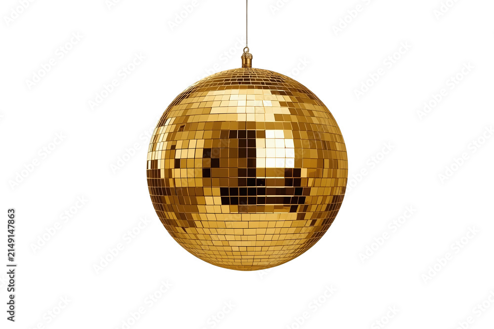Obraz premium Hanging golden mirrored disco ball with reflective tiles