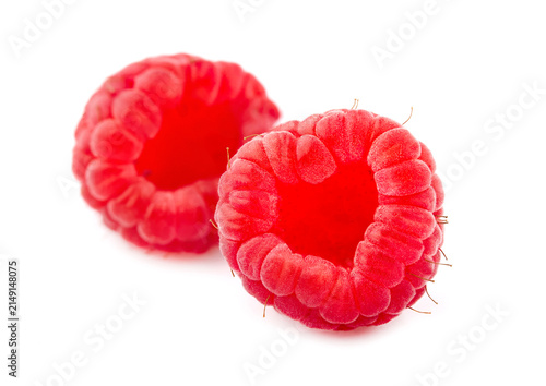 Raspberries isolated on white background cutout. Ripe berries closeup.