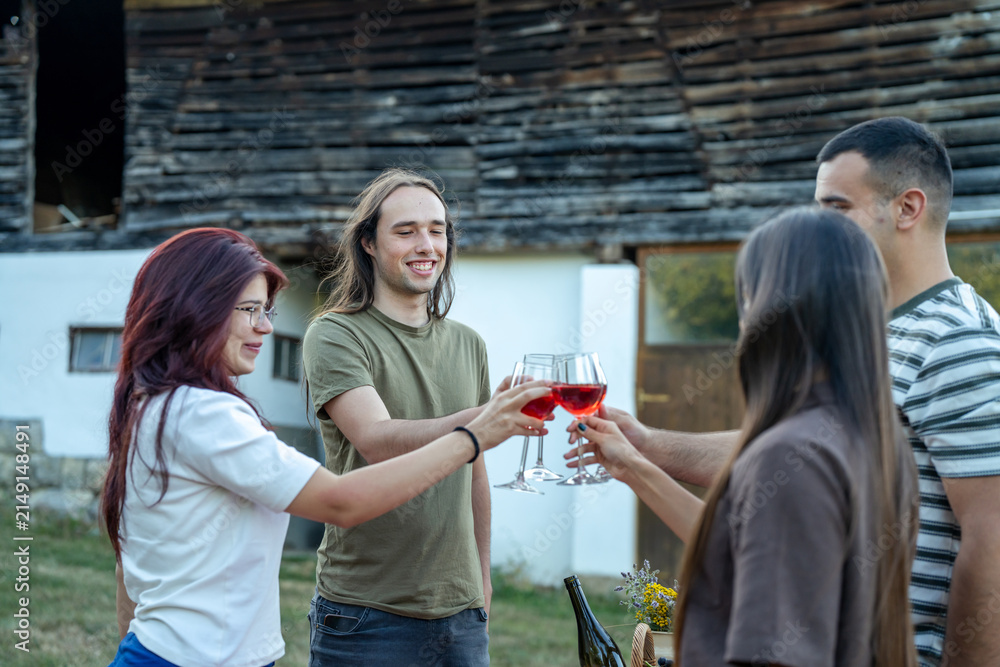 Obraz premium Group of friends toasting with rose wine outdoors