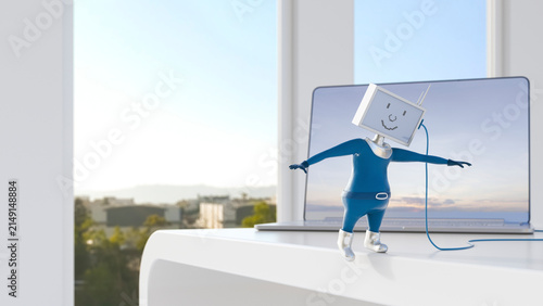 Monitor-headed manikin stumbling over cable on desk in front of laptop