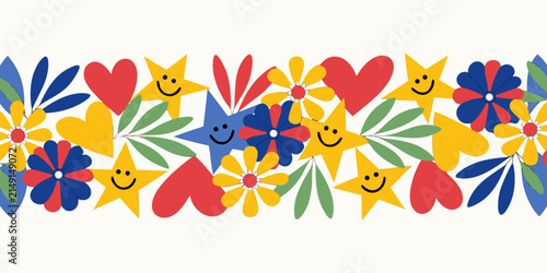 Colorful retro floral border pattern featuring smiling stars hearts and foliage elements on white background with green leaves retro aesthetic