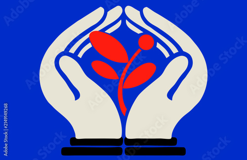 Minimalist graphic illustration featuring two stylized hands cupping a red plant against blue background with displays flat graphic against vibrant solid