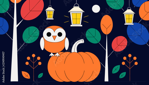 Stylized autumn owl perched upon large pumpkin under hanging lanterns in minimalist forest night scene with vector illustration orange glowing lanterns