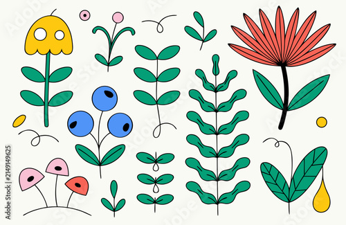 Set of hand drawn botanical elements featuring colorful flowers and green leafy foliage doodle illustrations