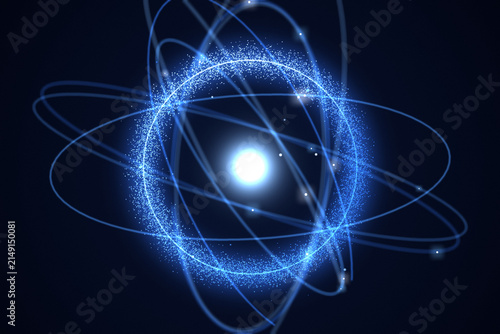 Quadro su tela Abstract Energetic Atom Structure with Glowing Blue Orbital Paths on Dark Backgr
