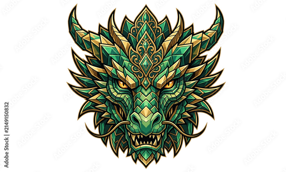 Fototapeta premium Emerald Green and Gold Dragon Head Vector Illustration Isolated on Black Background