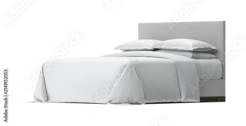 Foto Modern hotel bed with crisp white linens and a grey upholstered headboard