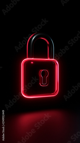 glowing crimson lock icon on dark cyber background, futuristic neon security lock symbol with red glow, mysterious digital lock concept for cybersecurity technology