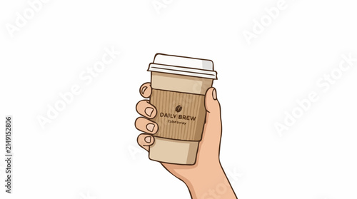 A person's hand holding a takeaway coffee cup with a brown sleeve