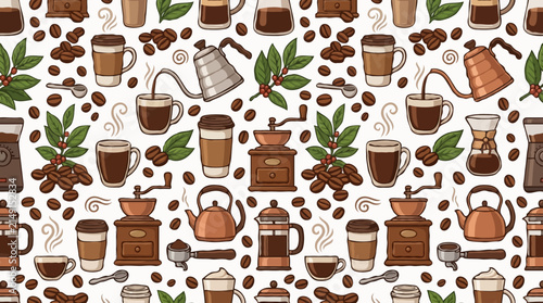 A seamless pattern of coffee-related items, including cups, beans, grinders, and brewing devices, set against a light background. The illustration features a warm, earthy color palette.