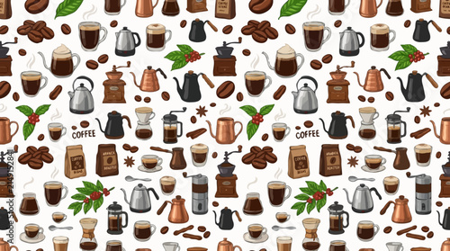 A busy collage of coffee related items, with beans, cups, kettles, and grinders displayed across the surface.