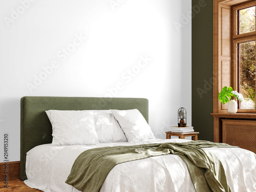 Natural Minimalist Bedroom Wall Mockup PNG with Upholstered Bed, Wooden Nightstand and Window, Transparent Background, Soft Shadows