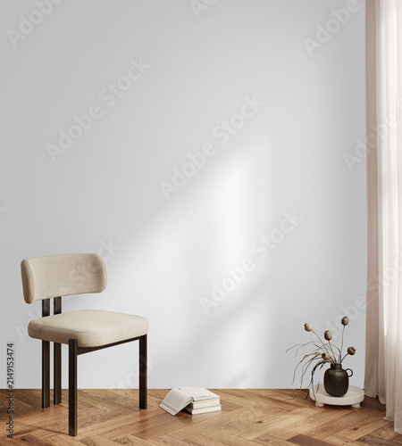 Minimalist Modern Dining Room Wall Mockup PNG with Upholstered Dining Chair, Books and Ceramic Vase, Transparent Background, Soft Shadows