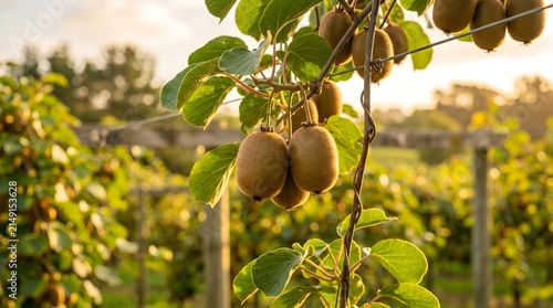Fresh kiwifruit growing on vines in an orchard at sunset