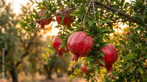 Ripe pomegranates hanging on tree branch in orchard at sunset