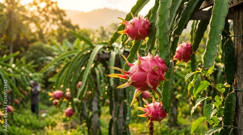 Ripe red dragon fruit growing on cactus vines in a farm at sunset