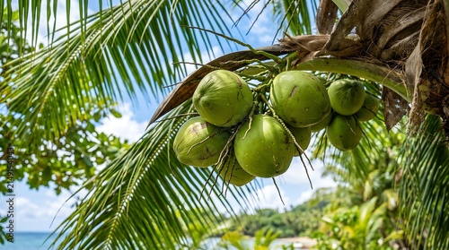 Fresh green coconuts hanging from a palm tree in a tropical setting