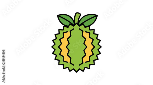 Stylized Durian Fruit Icon with Green Spikes and Yellow Stripes on White Background