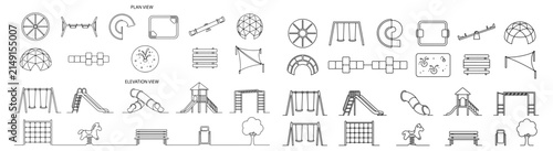 Playground Plan and Elevation Line Icons Set – Swings, Slides, Climbing, Benches and Park Equipment Vector Symbols 