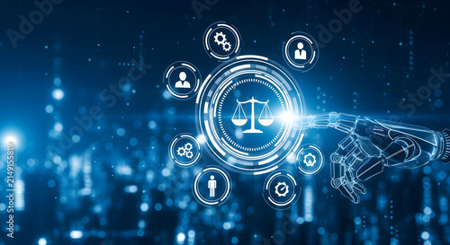 Artificial Intelligence Robotic Hand Interacting with Legal Justice System Icons in a Futuristic Digital Network Concept