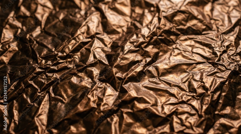 Fototapeta premium Close-up of Crinkled Bronze Foil Texture with Dramatic Lighting.