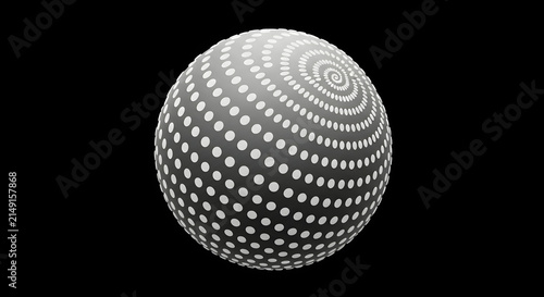 Abstract 3D Sphere Decorated with White Dotted Spiral Pattern Against a Solid Black Background for Modern Graphic Design