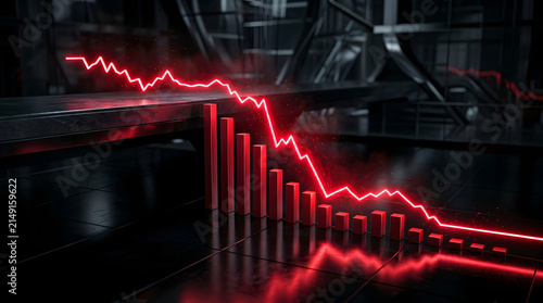 Glowing red stock market graph in a bearish downward trend on a dark futuristic financial interface, symbolizing risk, decline and volatility. AI Generated.