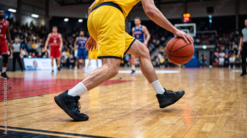 Fototapeta premium Low angle close-up of basketball players dribbling the ball on a polished indoor wooden court during a game. Dynamic sports action, yellow uniforms, and athletic sneakers