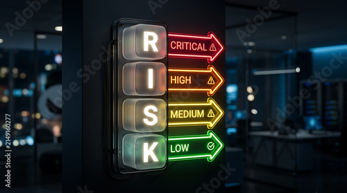 Neon Risk Assessment Scale Sign With Critical High Medium And Low Levels Display