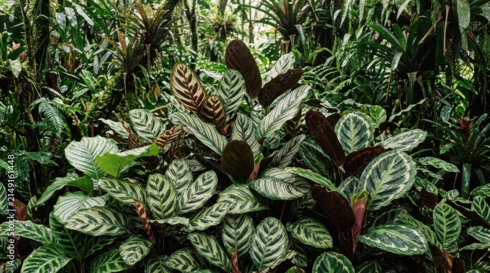 Obraz premium Lush tropical foliage with vibrant green leaves and intricate patterns in a dense jungle setting.