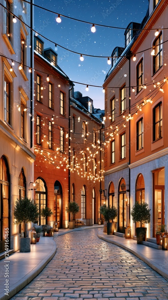 Fototapeta premium Snow falling on cobblestone street at night with string lights and warm building glow