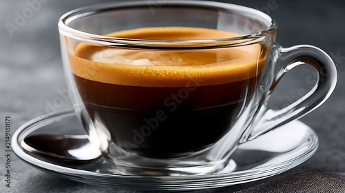 A cup of hot aromatic espresso coffee in a glass mug.