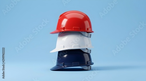 Red white and blue protective hard hats stacked vertically on top of each other against a solid light blue studio background for construction safety