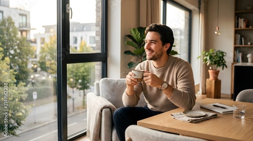 Young man drinking warm coffee at home near window in morning
