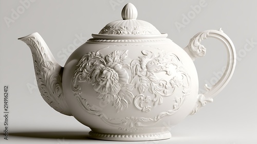 Elegant White Porcelain Teapot with Ornate Relief Carving.