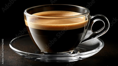 A cup of hot espresso coffee in a glass cup on a black background.
