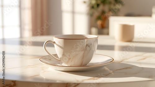 Elegant marble ceramic coffee cup on matching saucer on kitchen table.